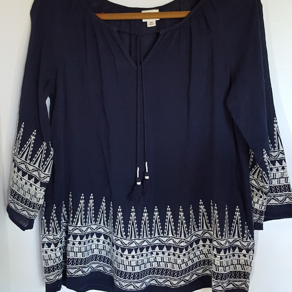 Womens Blue and White 3/4 Sleeve Merona Top - XS